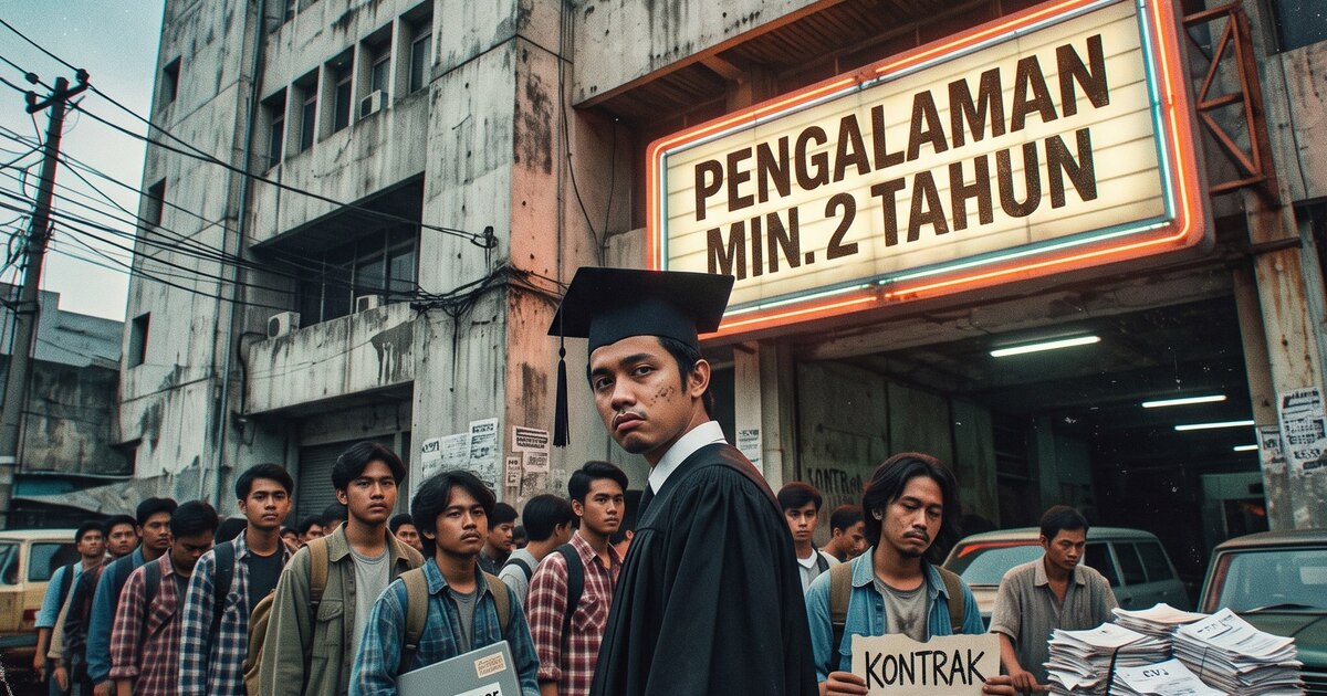Lulusan berijazah berdiri di depan barisan pelamar kerja dengan papan bertuliskan Pengalaman Min. 2 Tahun
